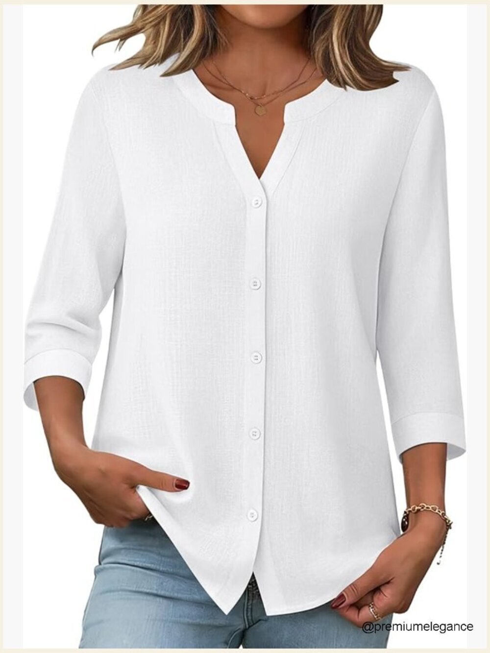 3/4 Sleeve Linen Cotton V Neck Button Down Blouse Business Casual Top